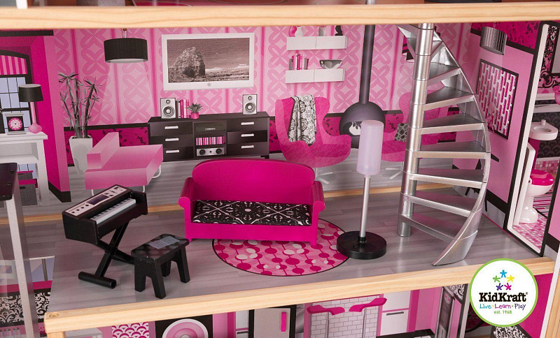 Большой искрометный кукольный дом KidKraft для Барби "Сияние" (Sparkle Mansion) с мебелью 30 элементов